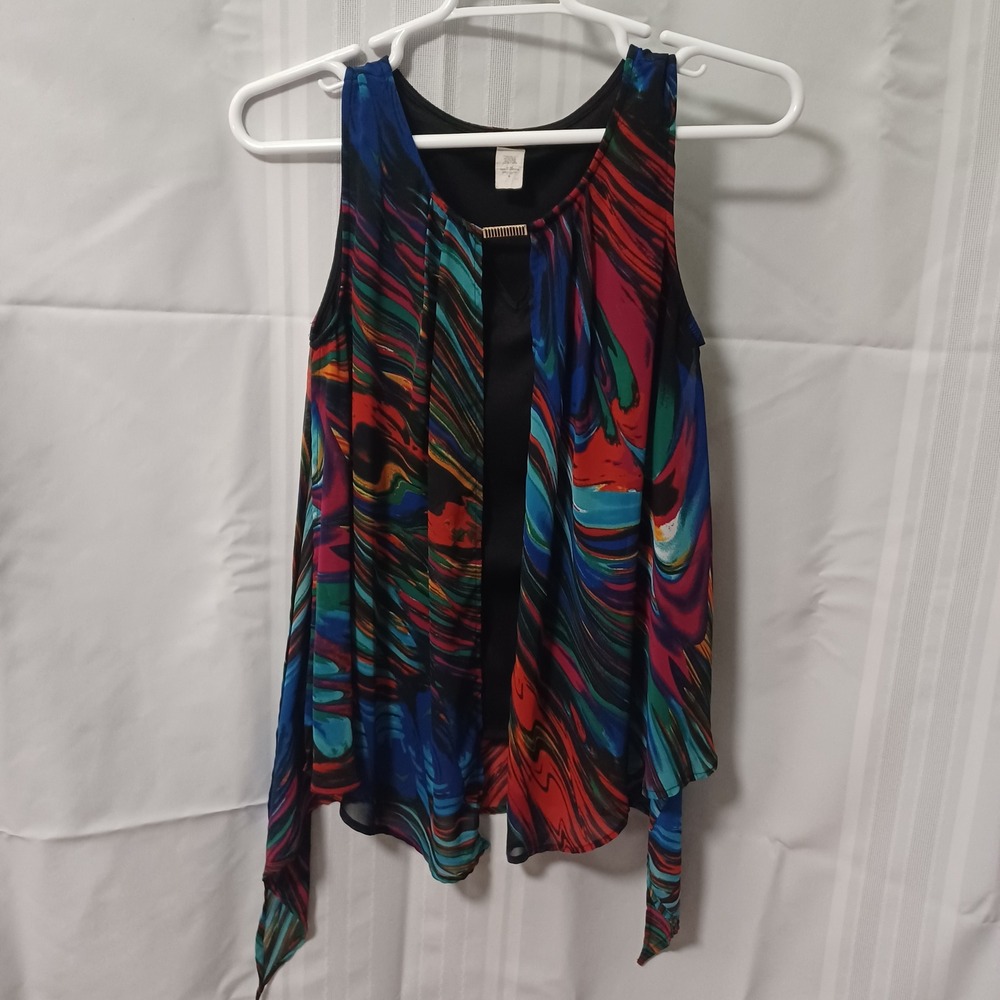 Cocomo Womens Abstract Swirl Print Sharkbite Hem Tank Top Gold Bar Detail Medium